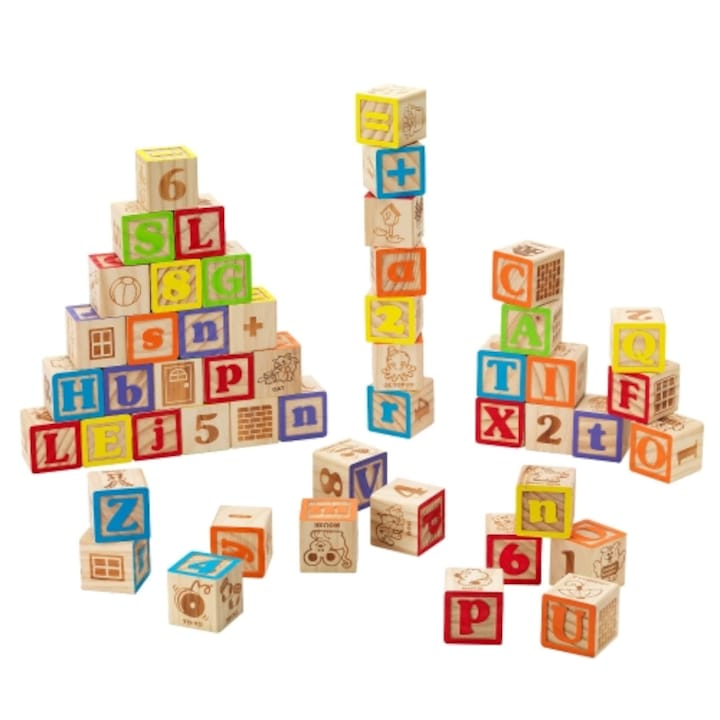 Игра с дървени кубчета Imaginarium Natural Kubo с букви и цифри, 30 кубчета с лице различни букви, цифри и рисунки с релефни детайли