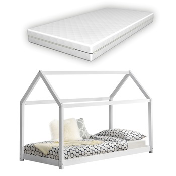 Set Pat copii Haus W140, en.casa, 70 x 140 cm, 50 Kg, lemn brad, alb, cu saltea Set Pat copii Haus W140, en.casa, 70 x 140 cm, 50 Kg, lemn brad, alb, cu saltea