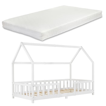 Set Pat copii Sisimiut W90, en.casa, 90 x 200 cm, 100 Kg, lemn brad, alb, mat lacuit, forma casuta, cu saltea Set Pat copii Sisimiut W90, en.casa, 90 x 200 cm, 100 Kg, lemn brad, alb, mat lacuit, forma casuta, cu saltea