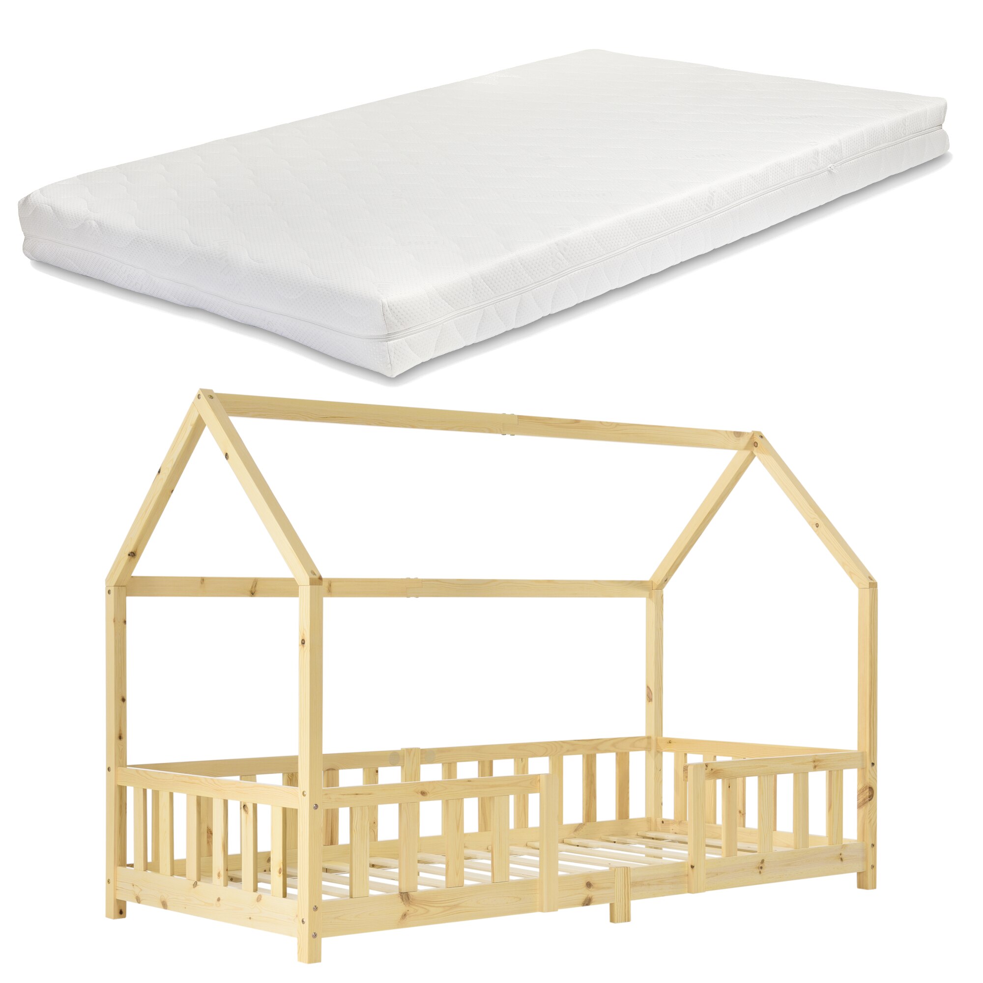 Set Pat copii Sisimiut NH90, en.casa, 90 x 200 cm, 100 Kg, lemn brad, culoarea lemnului de brad natur, forma casuta, cu saltea
