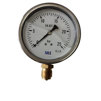Manometru 0-25 bari, diametru 63mm, carcasa inox cu glicerina (antivibratii), radial (montare pe verticala) Manometru 0-25 bari, diametru 63mm, carcasa inox cu glicerina (antivibratii), radial (montare pe verticala)