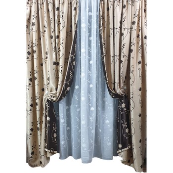 Set MASTEL 2 draperii black-out 2x100x245cm bej-maro cu perdea brodata 300x245cm alba model B1 confectionate cu rejansa Set MASTEL 2 draperii black-out 2x100x245cm bej-maro cu perdea brodata 300x245cm alba model B1 confectionate cu rejansa