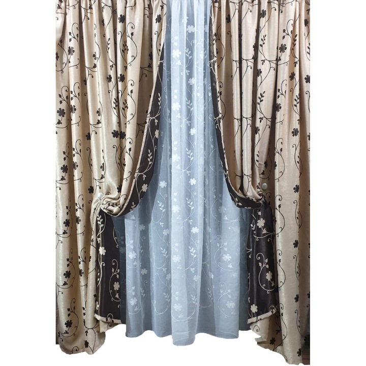 Set MASTEL 2 draperii black-out 2x200x245cm bej-maro cu perdea brodata 600x245cm alba model B1 confectionate cu rejansa
