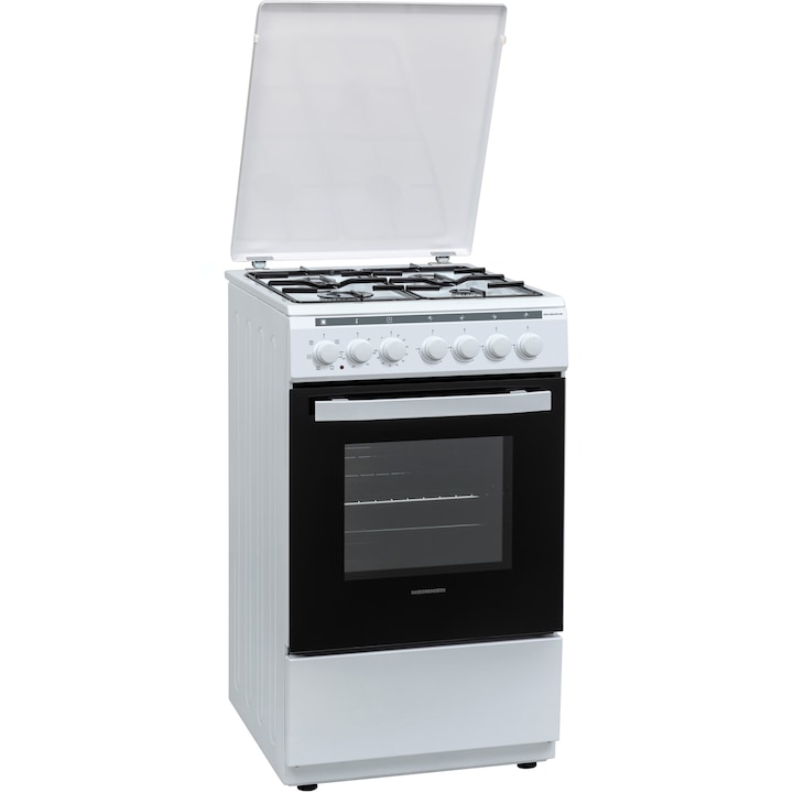 Aragaz mixt Heinner HFSC-V60LITGC-WH, 4 arzatoare gaz, Dispozitiv de siguranta plita, Aprindere electrica, Cuptor electric, Timer, Grill, Clasa A, 50 cm, Alb