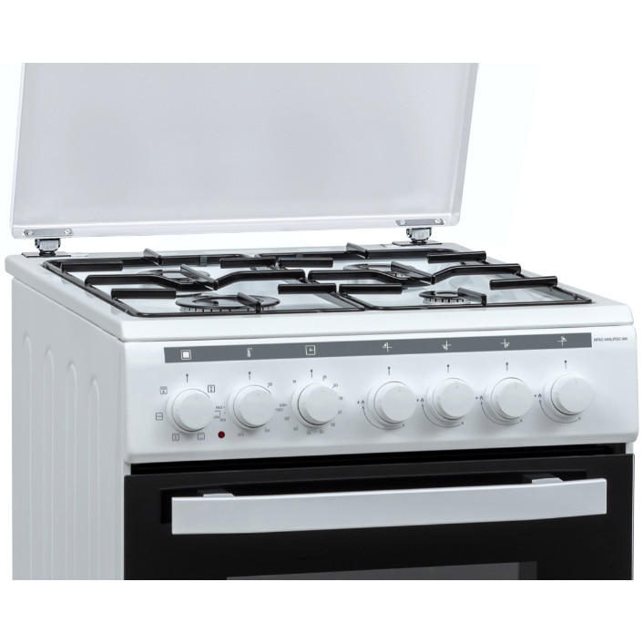 Aragaz mixt Heinner HFSC-V60LITGC-WH, 4 arzatoare gaz, Dispozitiv de siguranta plita, Aprindere electrica, Cuptor electric, Timer, Grill, Clasa A, 50 cm, Alb