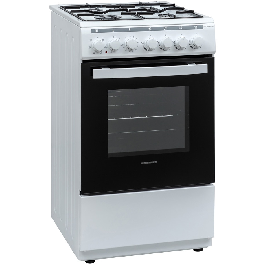 Aragaz mixt Heinner HFSC-V60LITGC-WH, 4 arzatoare gaz, Dispozitiv de siguranta plita, Aprindere electrica, Cuptor electric, Timer, Grill, Clasa A, 50 cm, Alb
