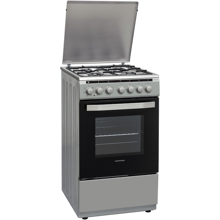 Aragaz mixt Heinner HFSC-V60LITGC-SL, 4 arzatoare gaz, Dispozitiv de siguranta plita, Aprindere electrica, Cuptor electric, Timer, Grill, Clasa A, 50 cm, Argintiu