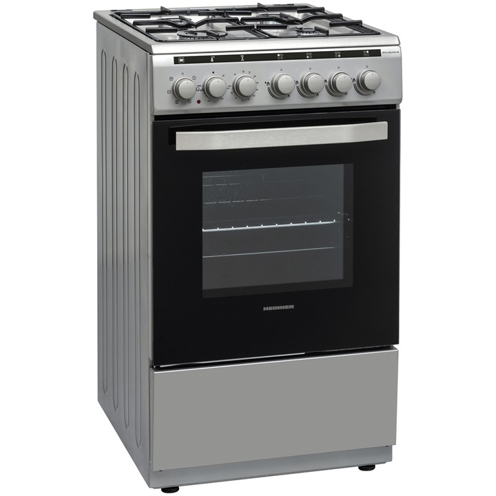 Комбинирана готварска печка Heinner HFSC-V60LITGC-SL, 4 нагревателни зони, Електрическо запалване, Електрическа фурна, Таймер, Grill, 50 см, Сребрист