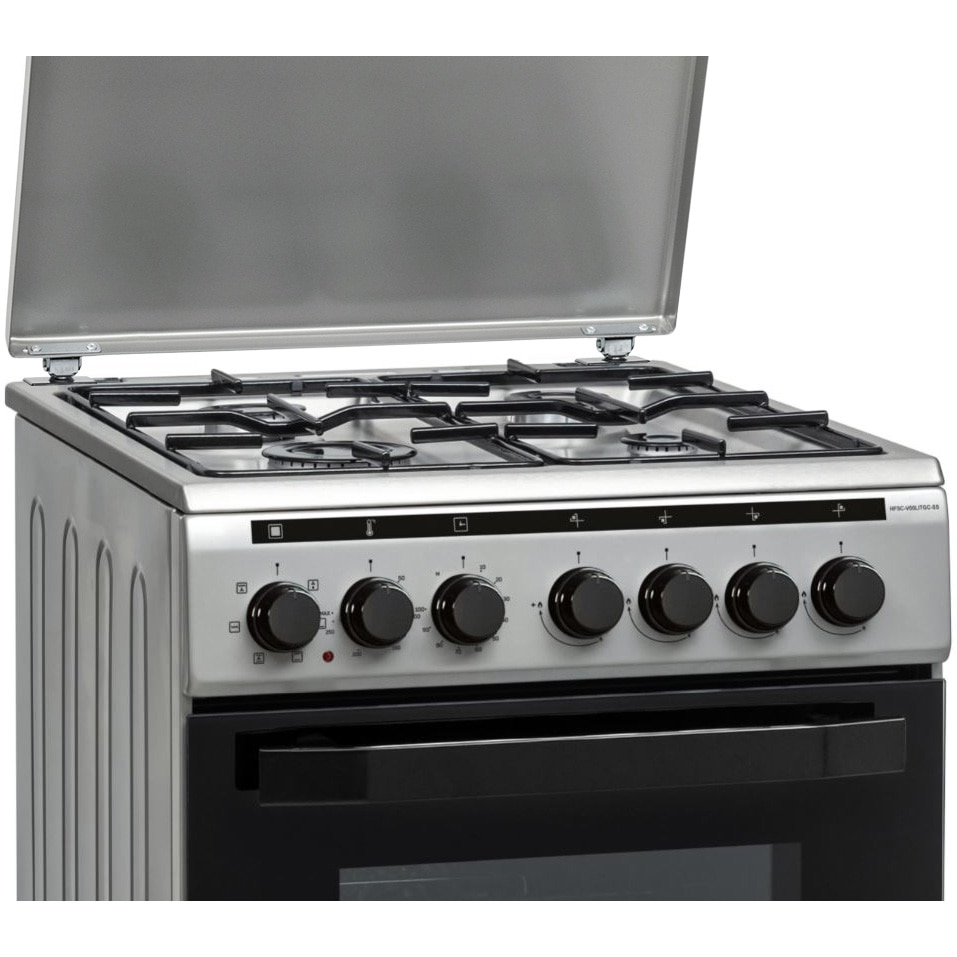 Aragaz mixt Heinner HFSC-V60LITGC-SS, 4 arzatoare gaz, Dispozitiv de siguranta plita, Aprindere electrica, Cuptor electric, Timer, Grill, Clasa A, 50 cm, Inox