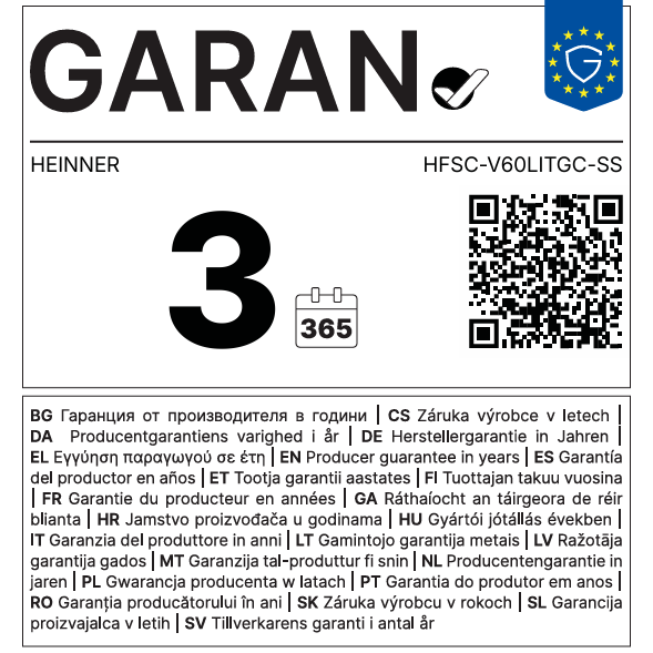 Aragaz mixt Heinner HFSC-V60LITGC-SS, 4 arzatoare gaz, Dispozitiv de siguranta plita, Aprindere electrica, Cuptor electric, Timer, Grill, Clasa A, 50 cm, Inox