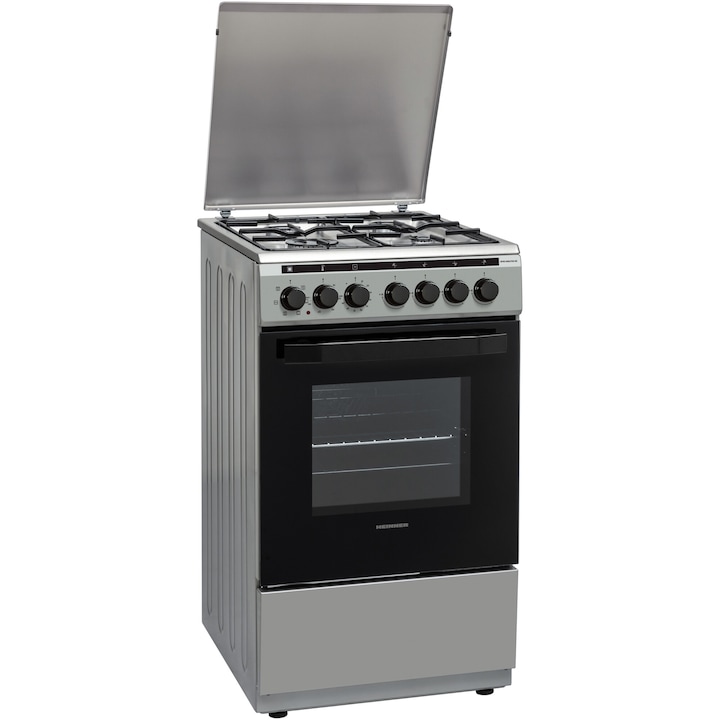 Aragaz mixt Heinner HFSC-V60LITGC-SS, 4 arzatoare gaz, Dispozitiv de siguranta plita, Aprindere electrica, Cuptor electric, Timer, Grill, Clasa A, 50 cm, Inox