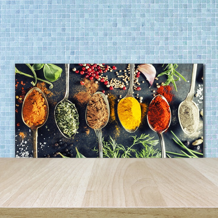 Panou de bucatarie, din sticla, Placi decorative din sticla, Condimente colorate, 100 cm x 50 cm