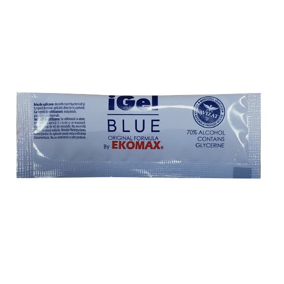 Plic cu Gel dezinfectant pentru maini, iGel BLUE, cu glicerina, 70% alcool, 5ml x 200buc