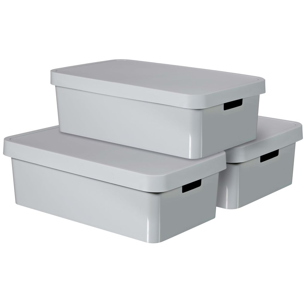 Set de 3 lazi de depozitare cu capac, Curver, Polipropilena, 57 x 39 x 18 cm, Gri