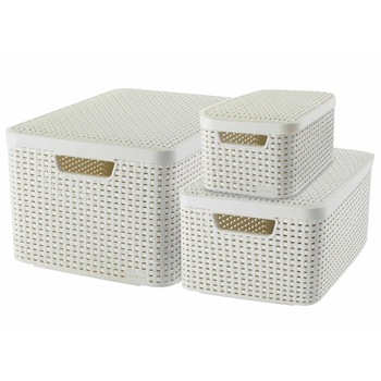 Set de 3 cosuri de depozitare cu capac, Curver, Polipropilena, 45 x 33 x 25 cm, Alb Set de 3 cosuri de depozitare cu capac, Curver, Polipropilena, 45 x 33 x 25 cm, Alb