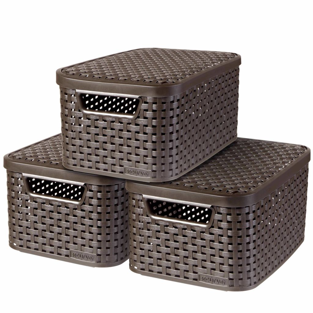 Set de 3 lazi de depozitare cu capac marimea S, Curver, Polipropilena, 29 x 20 x 14 cm, Maro
