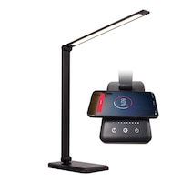 Veioza LED Smarter pentru casa si birou, control touch, incarcator wireless QI pentru telefon sau casti, port USB, temporizator, lumina in 5 culori-calda sau rece, ajustarea intensitatii prin atingere, pliabila, design de birou, dormitor sau living, Negru