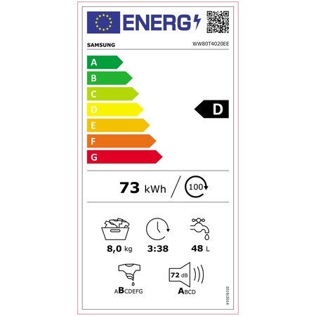 Masina de spalat rufe Samsung WW80T4020EE/LE, 8 kg, 1200 RPM, Clasa D, Steam, Smart Check, Drum Clean, Motor Digital Inverter, Alb