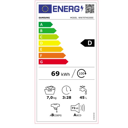 Masina de spalat rufe Samsung WW70T4020EE/LE, 7 kg, 1200 RPM, Clasa D, Steam, Smart Check, Drum Clean, Motor Digital Inverter, Alb