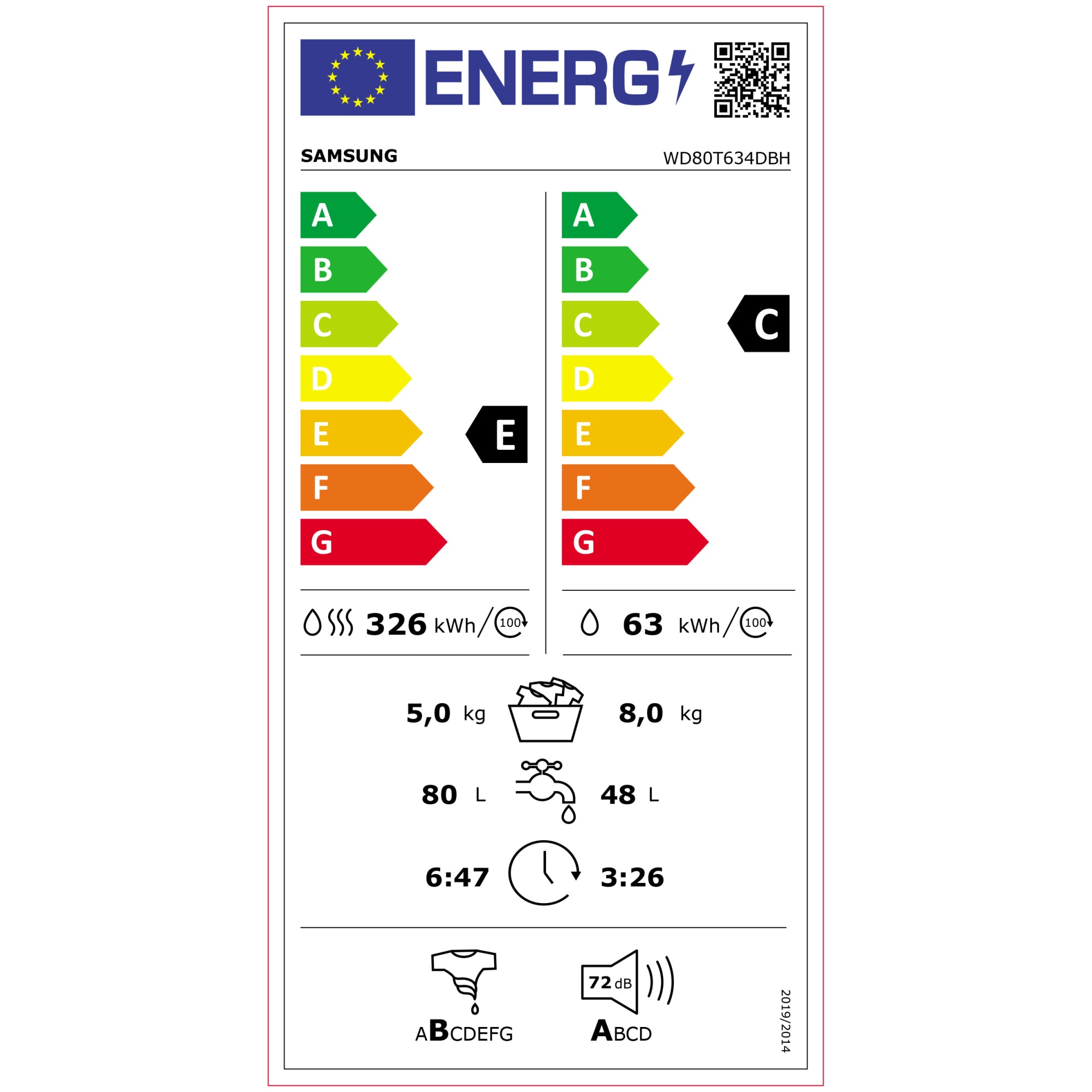 Masina de spalat rufe cu uscator Samsung WD80T634DBH/S7, 8 kg Spalare, 5 kg Uscare, 1400 RPM, Clasa C, AI Control, Auto Dispenser, Super Speed 59, Steam, Motor Digital Inverter, Wifi, Smart Control, Alb