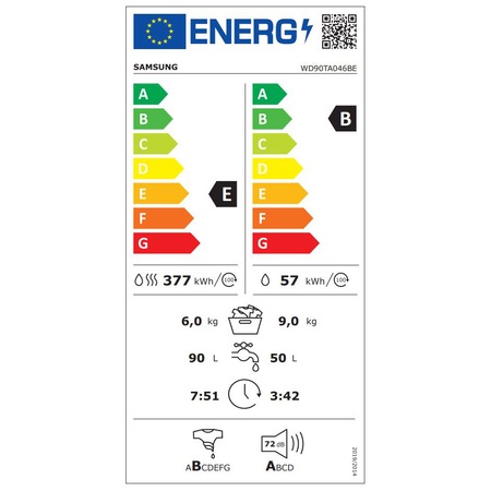 Masina de spalat rufe cu uscator Samsung WD90TA046BE/LE, 9 kg Spalare, 6 kg Uscare, 1400 RPM, Clasa B, Eco Bubble, Bubble Soak, Steam, Airwash, Motor Digital Inverter, Alb