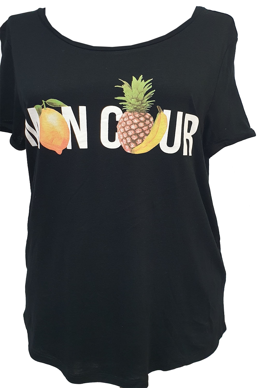Tricou dama Tally Weijl,negru cu imprimeu fructe si text,M