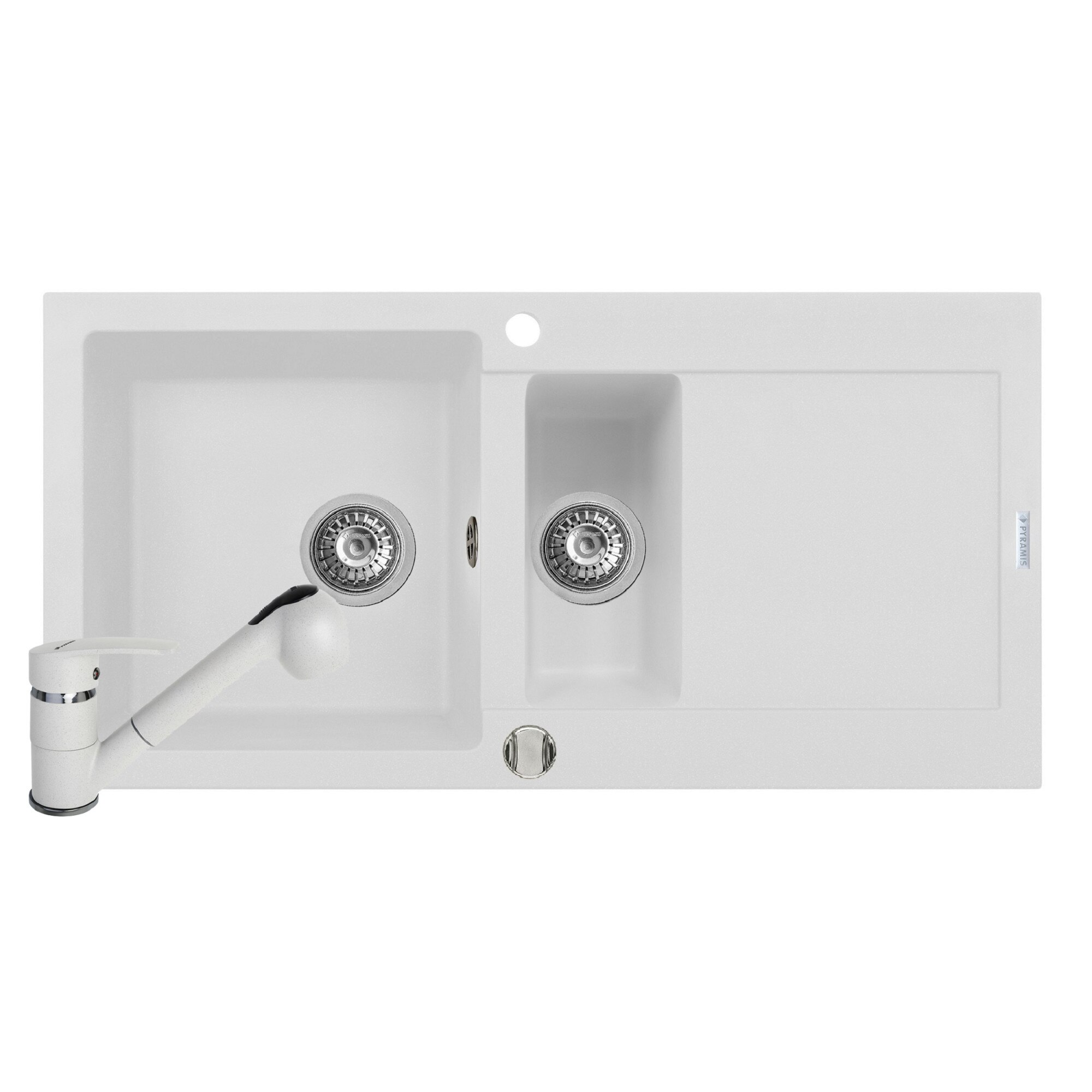 Pachet chiuveta si baterie Pyramis MIDO, 1000x500mm, adancime 200mm, reversibila, pipa cu dus, finisaj Pyragranite snow