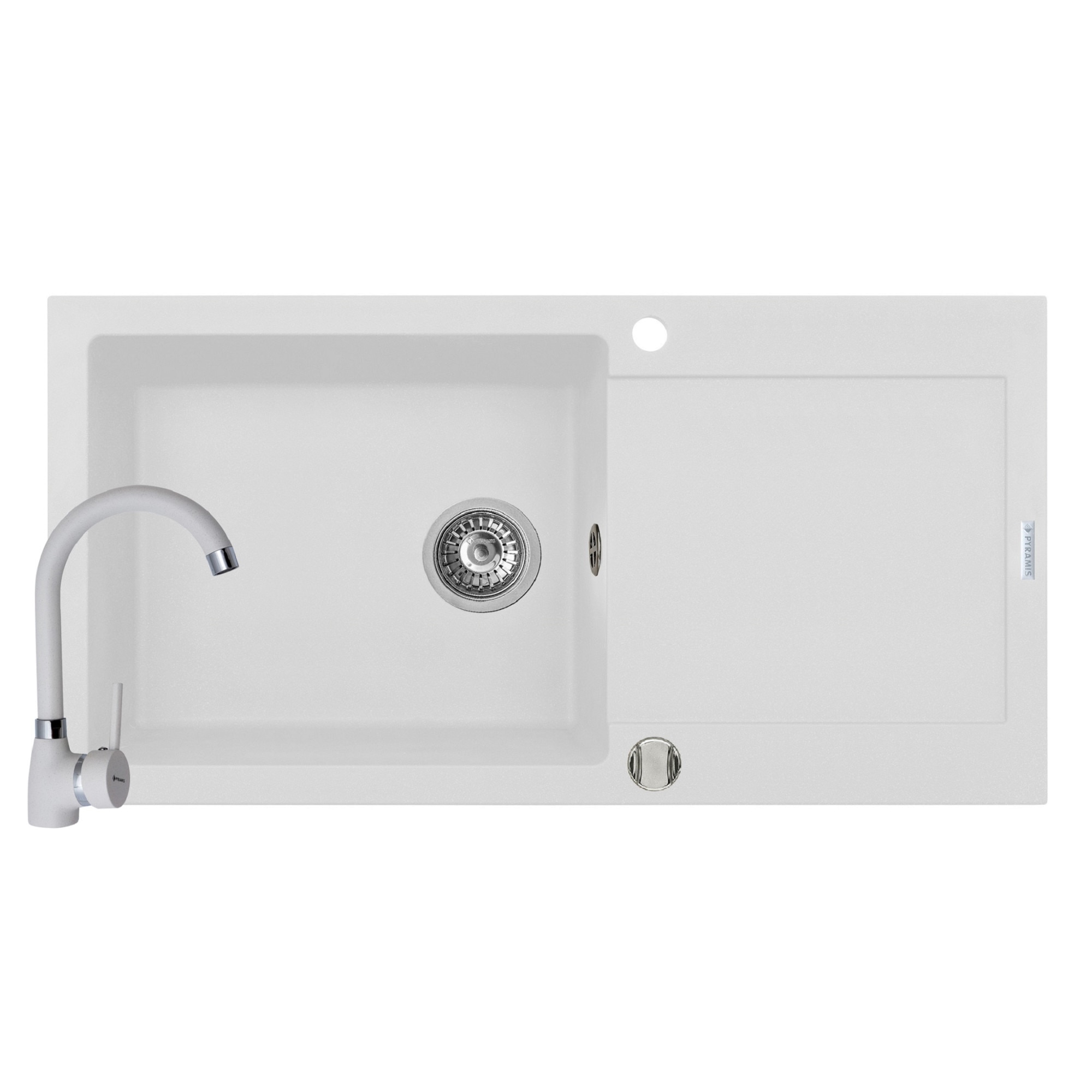 Pachet chiuveta si baterie Pyramis MIDO, 1000x500mm, adancime 200mm, reversibila, pipa inalta, finisaj Pyragranite snow