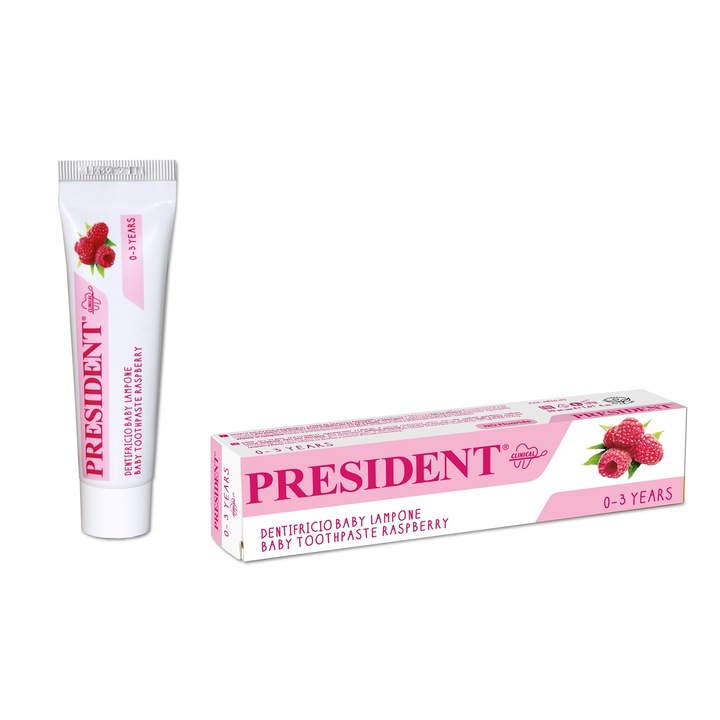Pasta de dinti fara Fluor copii 0-3 ani PresiDent Baby aroma Zmeura 30 ml, Italy