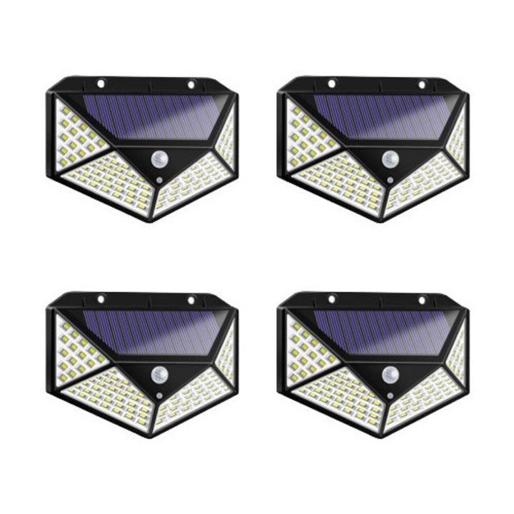 Set 4 lampi solare, 100 leduri cu senzori de miscare si 3 moduri de functionare, 1 W