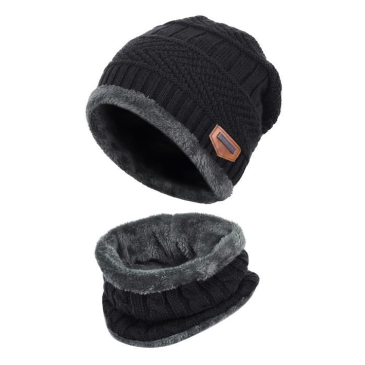 Мъжки зимен комплект шапка и шал, Плетиво, Черен
