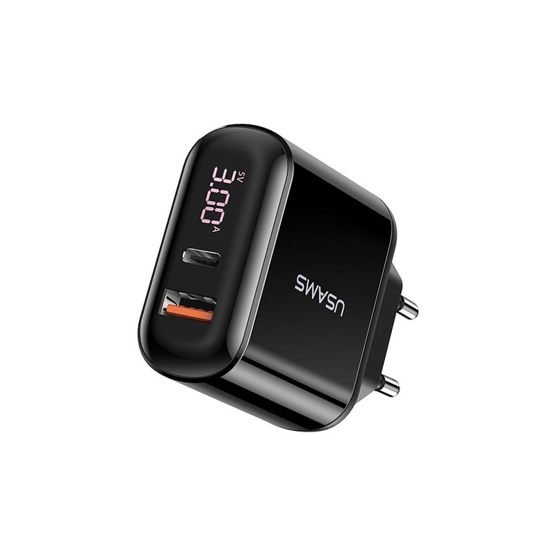 Incarcator Retea Usams T23 1 X Usb ,1 X Usb C , 18w 3.2a Quick Charge 3.0 Fast Charging Negru- Cc85tc01