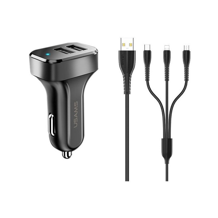 Usams C13 Ntu35ytsc13tz autós töltő, 2x USB, 3 in 1 kábellel micro USB / Lightning / Type- C, Fekete