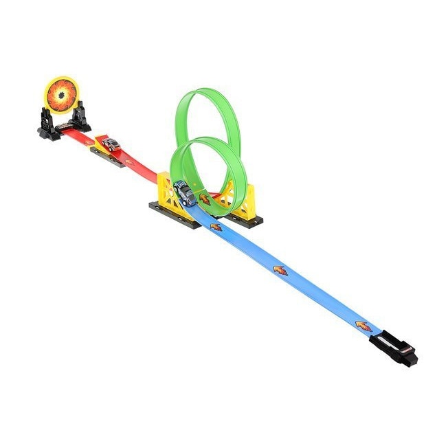 Circuit cu lansator si masinuta de jucarie, pista cu x 2 bucle si 2 masini, lungime pista 165 cm