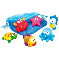 Animalute marine din cauciuc pentru baie Imaginarium Marinet Squeezy cu 6 animalute si plasa cu 2 ventuze pentru depozitare