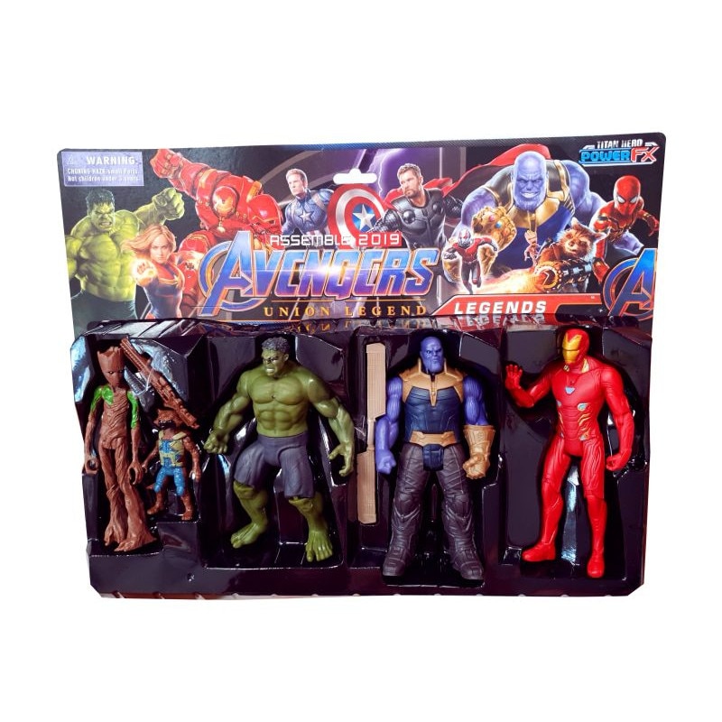 Set 5 figurine articulate tip super eroi Avengers, Hulk, IronMan, Thanos, Groot si Rocket, arme incluse, 16 cm, multicolor, iluminare led, + 6 ani