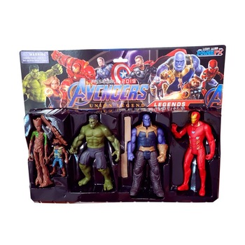 Set 5 figurine articulate tip super eroi Avengers, Hulk, IronMan, Thanos, Groot si Rocket, arme incluse, 16 cm, multicolor, iluminare led, + 6 ani Set 5 figurine articulate tip super eroi Avengers, Hulk, IronMan, Thanos, Groot si Rocket, arme incluse, 16 cm, multicolor, iluminare led, + 6 ani