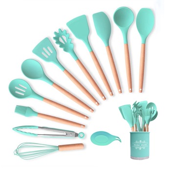 Set 13 ustensile de gatit din silicon, awwaline, maner rezistent din bambus, turcoaz Set 13 ustensile de gatit din silicon, awwaline, maner rezistent din bambus, turcoaz