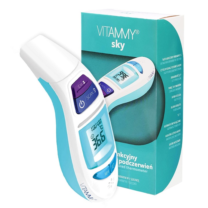 Vitammy, Sky, Digitális infra hőmérő, multifunkcionális 4 az 1-ben, infravörös technológia, homlok és fül