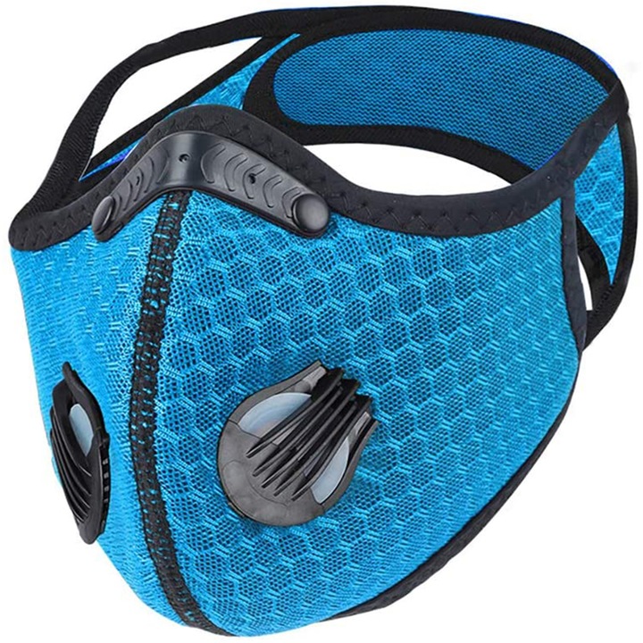 Синя маска за деца, модерен външен вид, спортна, с въглероден филтър, 2 клапана