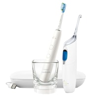 Set Airfloss Ultra si periuta de dinti Philips Sonicare DiamondClean 9000, HX8494/01, 4 moduri de curăţare, 3 intensitati, pahar de incarcare, toc de transport, Alb/Gri