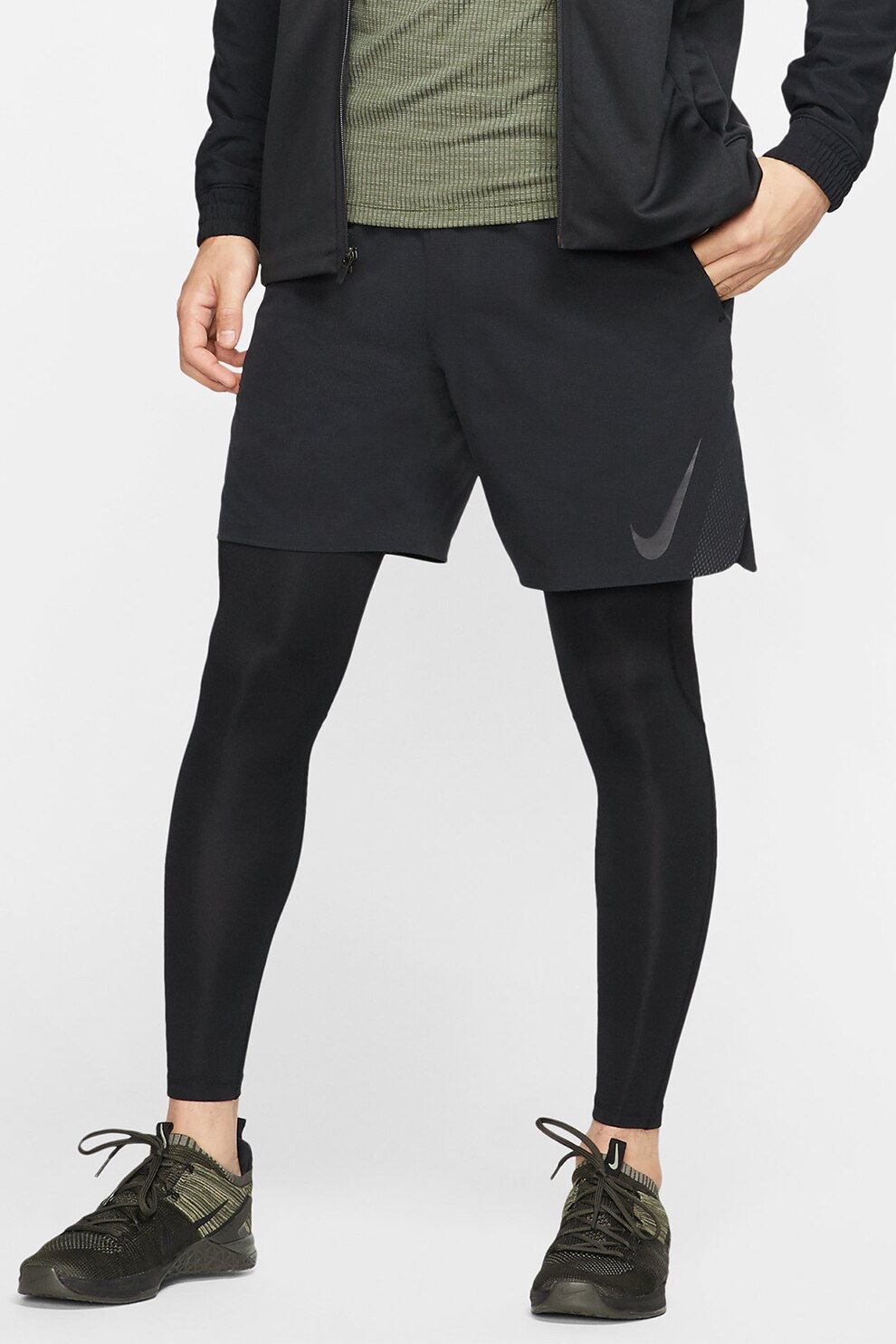Nike, Colanti cu banda cu logo in talie, pentru fitness Pro, Negru