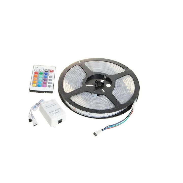 Kit Banda Flexibila LED RGB Autoadeziva, cu Telecomanda, Adaptor, Sursa, Lumina Multicolora, Pentru Interior sau Exterior