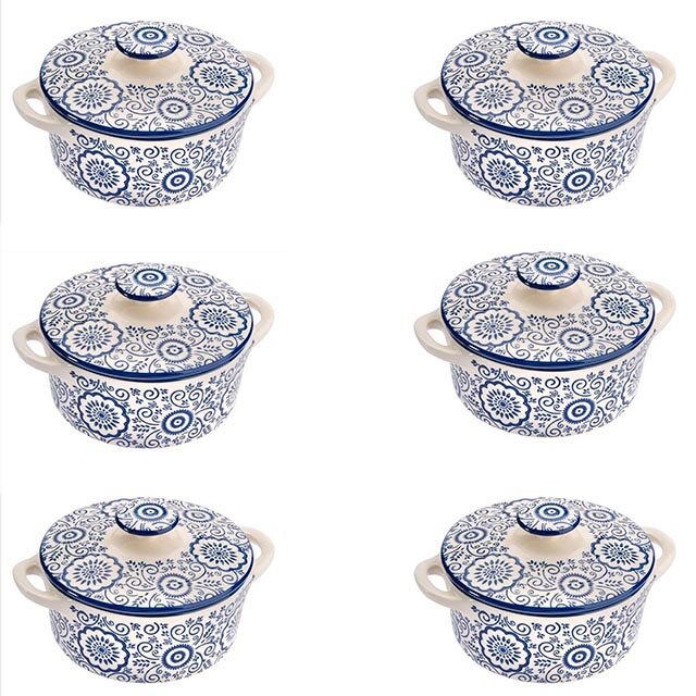 Set format din 6 boluri de servit din ceramica pentru supa, Felis, 600ml, 13 x 6,5 cm, Alb / Albastru