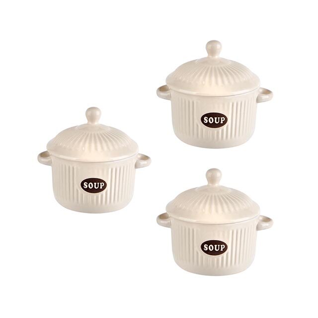 Set format din 3 boluri de servit din ceramica pentru supa, Felis, 600ml, 12,6 x 7,5 cm, Crem