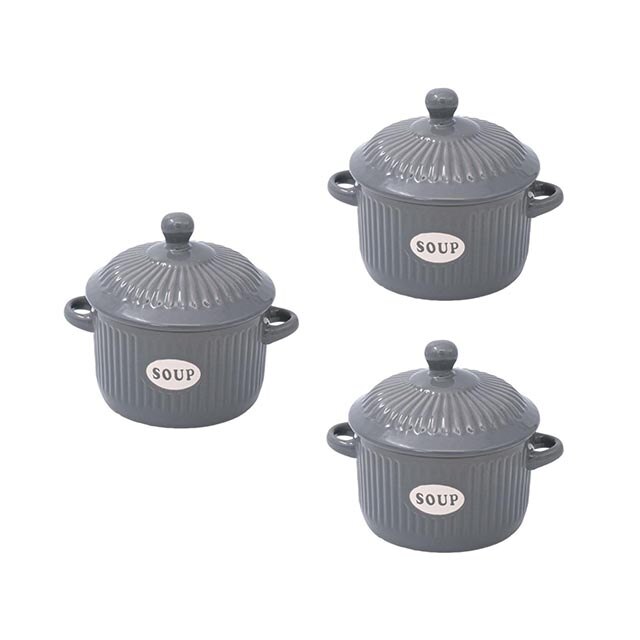 Set format din 3 boluri de servit din ceramica pentru supa, Felis, 600ml, 3 buc, 12,6 x 7,5 cm, Gri