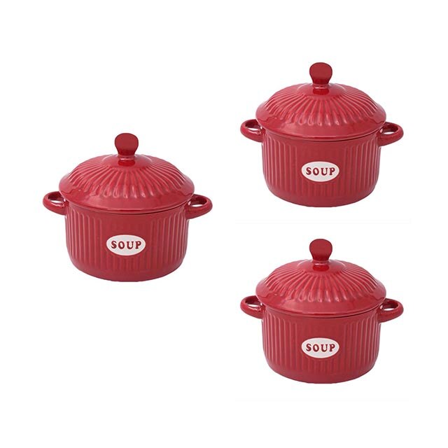 Set format din 3 boluri de servit din ceramica pentru supa, Felis, 600ml, 12,6 x 7,5 cm, Rosu