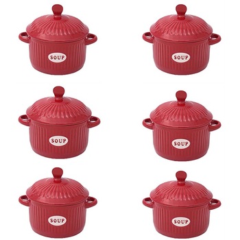 Set 6 castroane cu capac Felis, Ceramica, Imprimeu Soup, 7.5x12.6 cm, 600 ml, Rosu/Alb Set 6 castroane cu capac Felis, Ceramica, Imprimeu Soup, 7.5x12.6 cm, 600 ml, Rosu/Alb