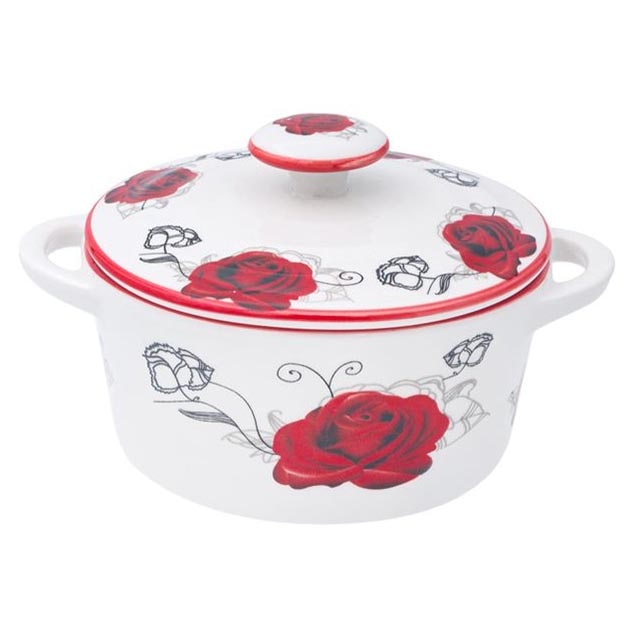 Bol pentru supa Felis, Model Trandafiri, Ceramica, 14 x 7 cm, 600 ml, Alb/Rosu