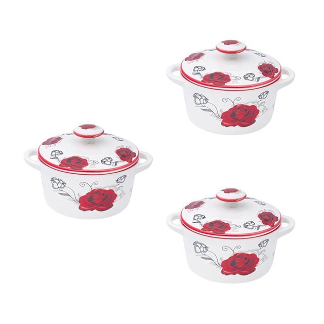 Set 3 boluri pentru supa cu capac Felis, Ceramica, Imprimeu trandafiri, 600ml, 14x7 cm, Alb/Rosu